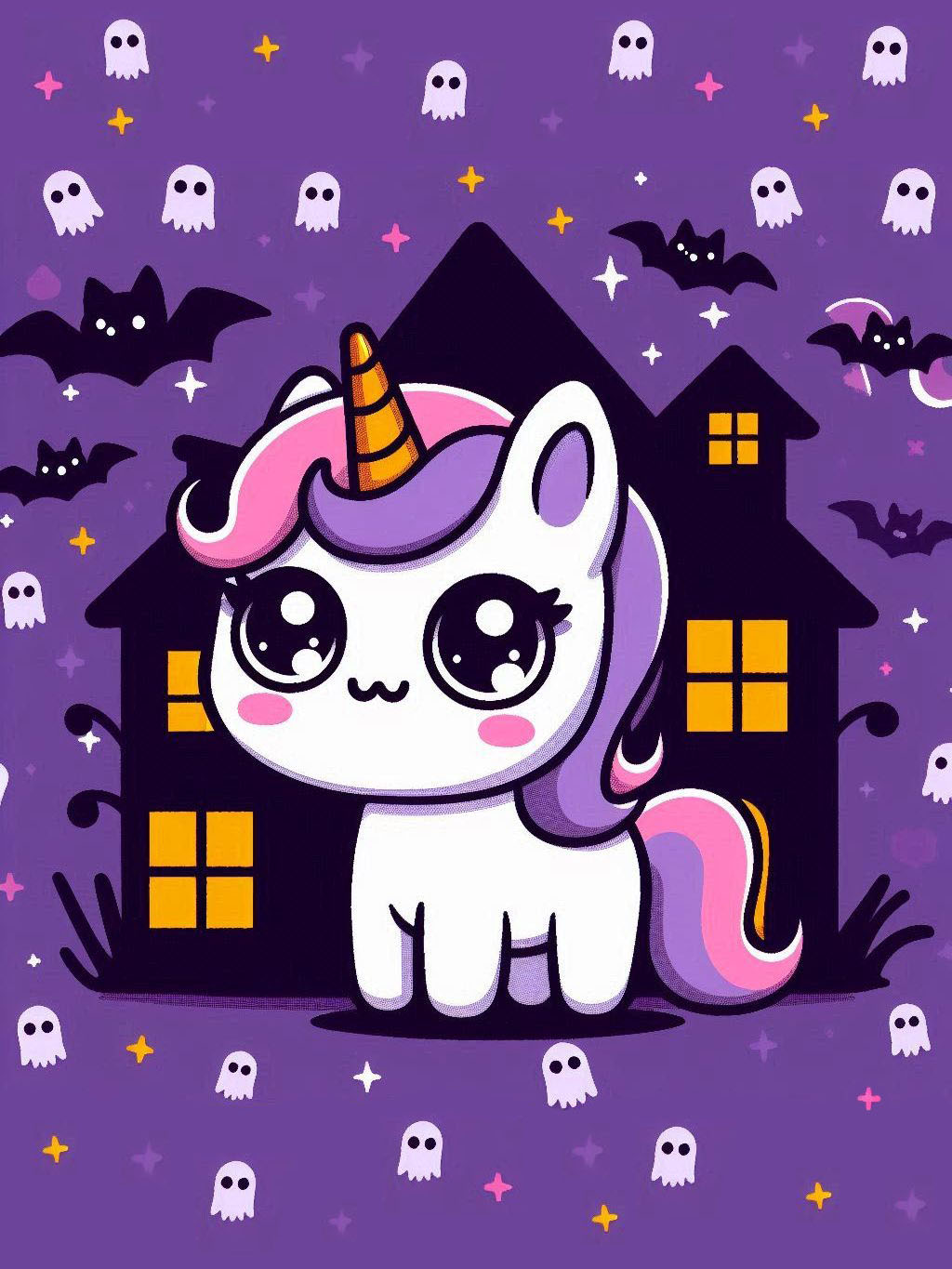 halloween unicorn illustration ideas featuring a cute unicorn in front of a haunted house with bats and ghosts floating around, set against a purple background.